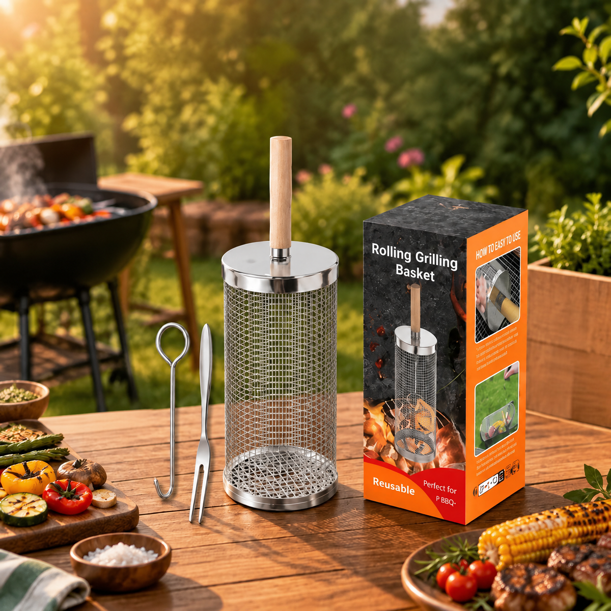 Rolling Grill Basket with Wooden Handle